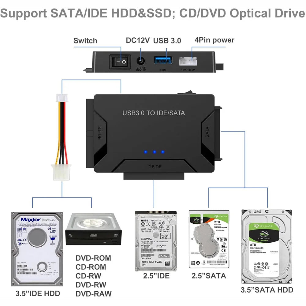 USB 3.0 IDE SATA Adapter For Hard Drive Data Transfer