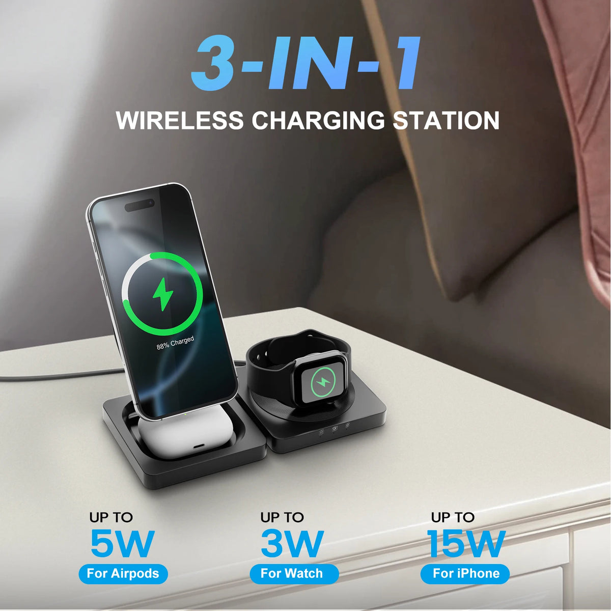 Magnetic Foldable 3-in-1 Wireless Charger for Phone Watch Earbuds