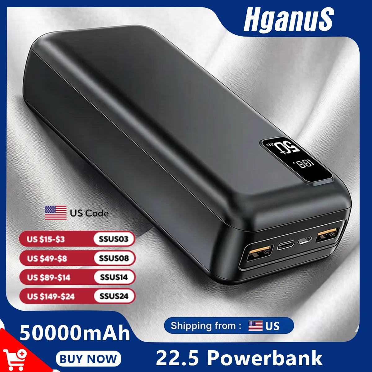 Hganus Fast Charging Portable Power Bank With Digital Display
