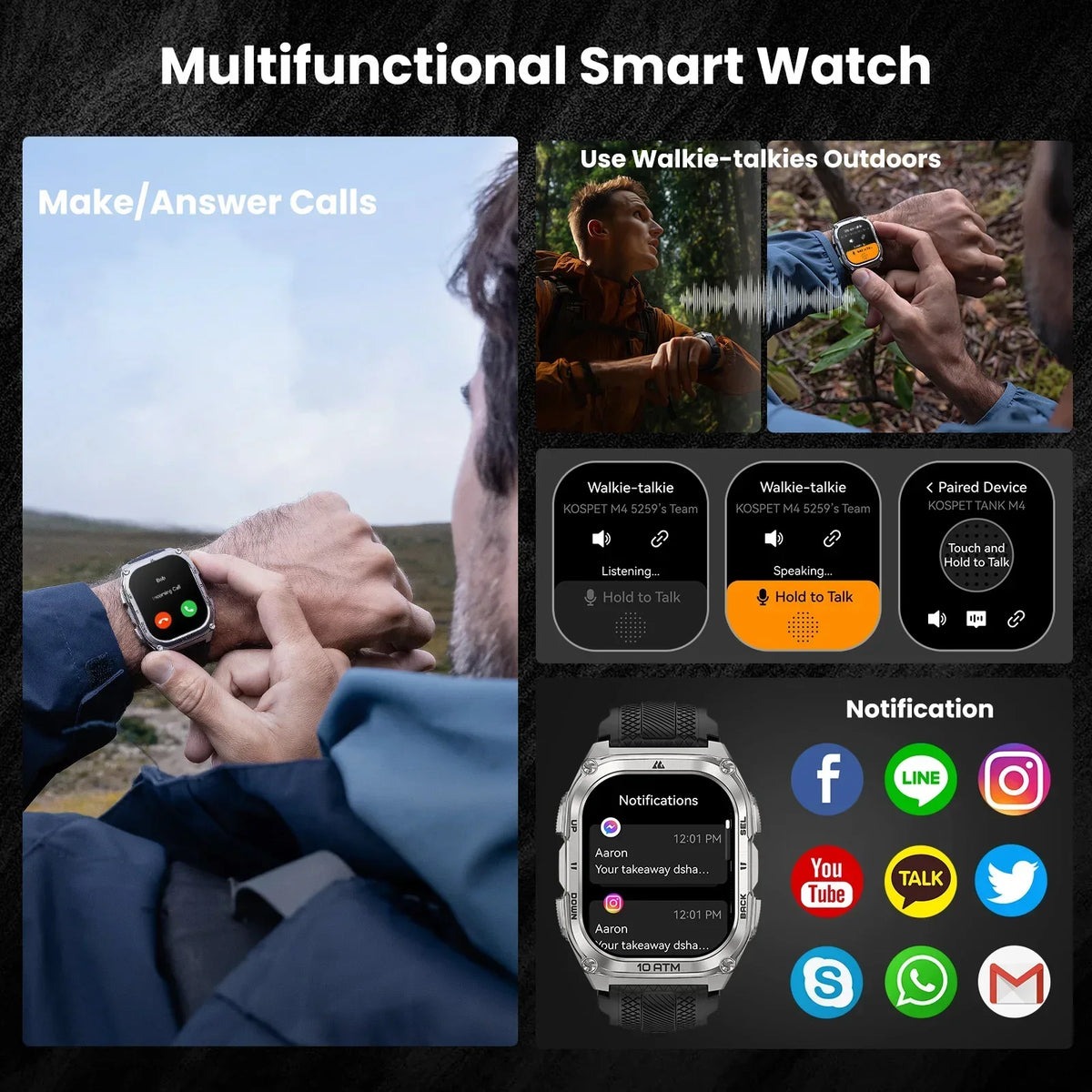 KOSPET Tank M4 Smart Watch Stainless Steel 6-Sat GPS Offline Maps 10ATM Waterproof 45M Dive 24/7 Health Monitor for Android iOS