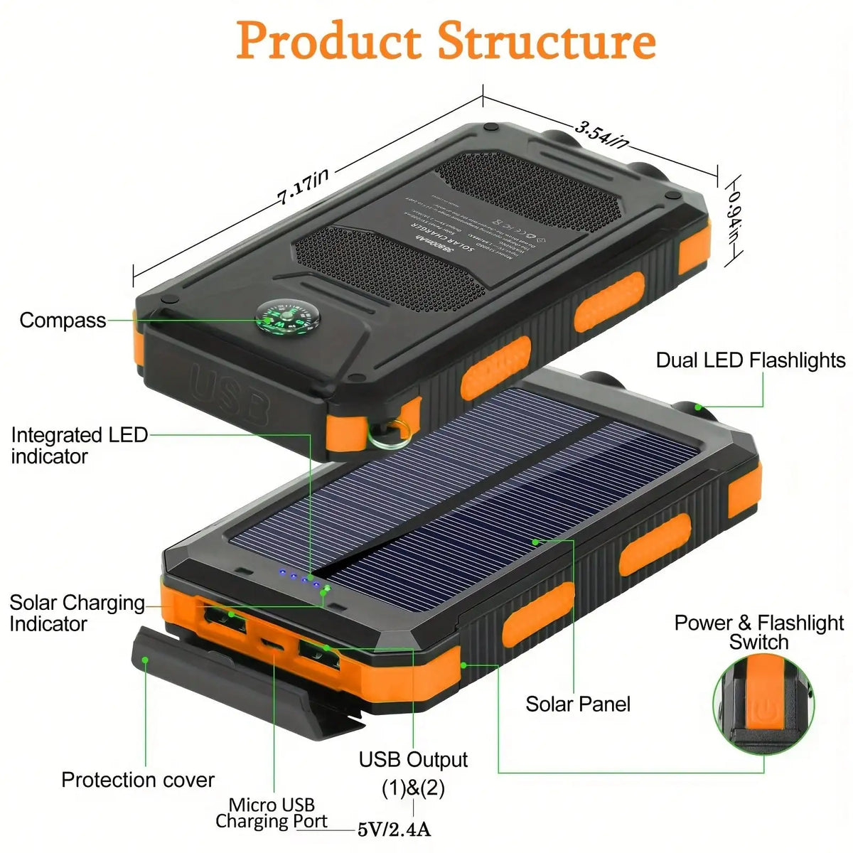 Portable Solar Power Bank Charger USB C And LED Flashlight