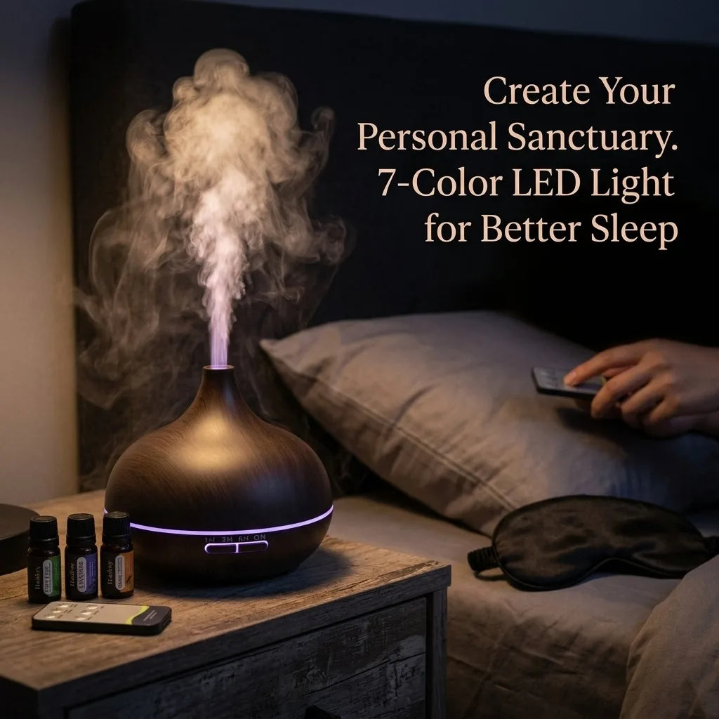 550ml sonic cooling mist humidifier with essential oil diffuser and smart sensor, automatic mode, suitable for bedrooms and offices, quiet operation, long battery life, easy top filling, 360° nozzle, night light, and pre-fil