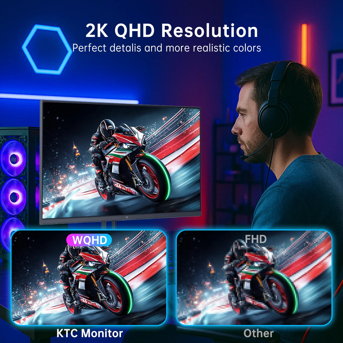KTC 27 Inch Gaming Monitor - 2K QHD 2560 x 1440 Monitor, Up to 210Hz & 1ms IPS Monitors Gamer with HDMI 2.0 x 2 & DP1.4 x 2,