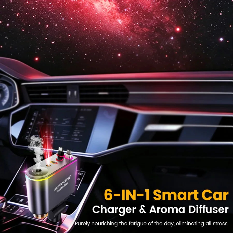 Multi Retractable Car Charger USB C, 5 in 1 66W Fast Car Charger with Dual Retractable Cables, Air Freshener Diffuser & Starry Sky Lights, USB-C Car Adapter for iPhone 17/16/15/14