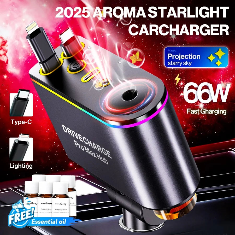 Multi Retractable Car Charger USB C, 5 in 1 66W Fast Car Charger with Dual Retractable Cables, Air Freshener Diffuser & Starry Sky Lights, USB-C Car Adapter for iPhone 17/16/15/14