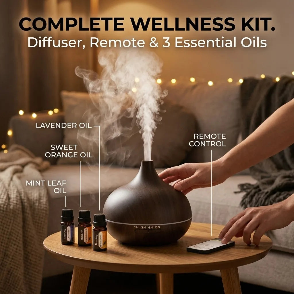 550ml sonic cooling mist humidifier with essential oil diffuser and smart sensor, automatic mode, suitable for bedrooms and offices, quiet operation, long battery life, easy top filling, 360° nozzle, night light, and pre-fil