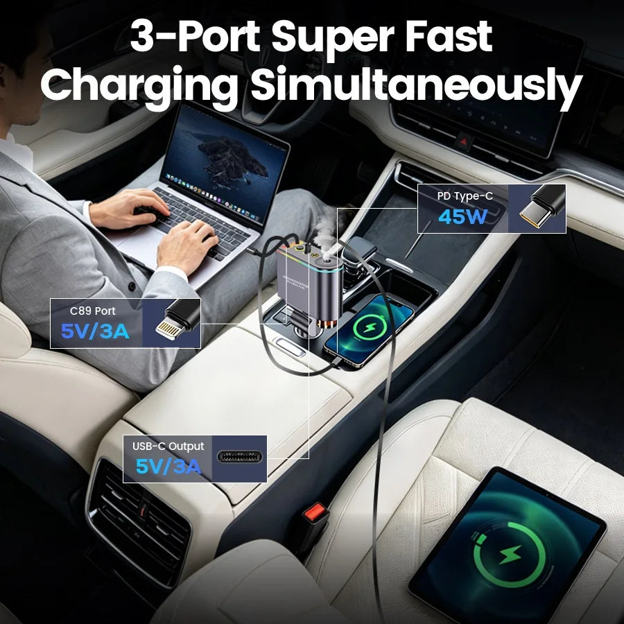 5-in-1 Retractable Car Charger USB C Fast Charge, 66W Car Phone Charger with Dual Retractable Cables, Smart Air Freshener Diffuser for iPhone、Samsung