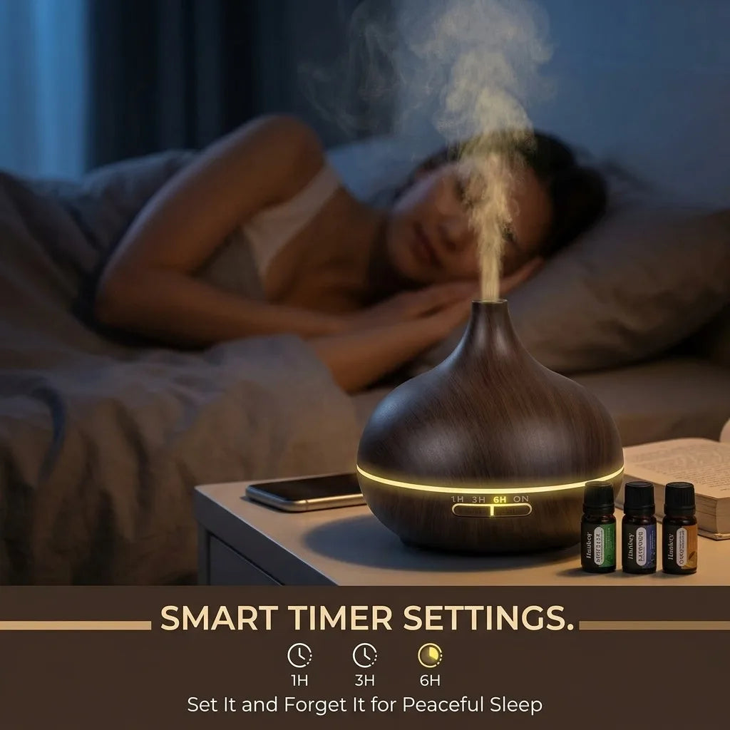 550ml sonic cooling mist humidifier with essential oil diffuser and smart sensor, automatic mode, suitable for bedrooms and offices, quiet operation, long battery life, easy top filling, 360° nozzle, night light, and pre-fil