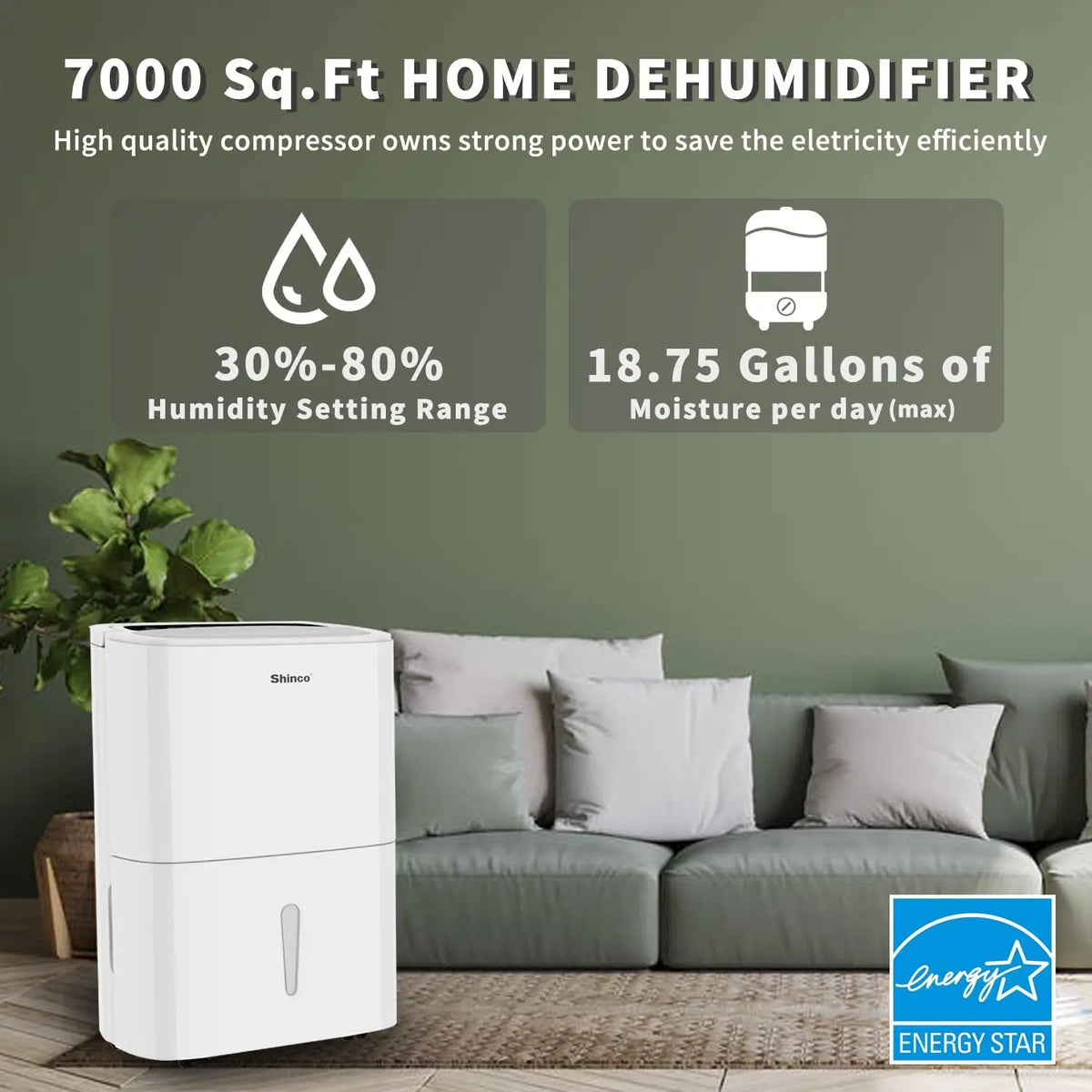 Shinco Energy Star Dehumidifier With Built In Pump For Large Spaces