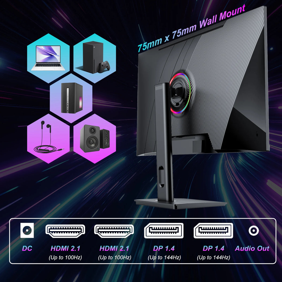 LXZ 27 Inch Gaming Monitor, 144Hz UHD 4K 3840x2160P PC Screen, True 4K Clarity, 4x More Pixels Than FHD Computer Screen with FreeSync, Support Wallmount 75x75mm, Gift, Christmas Gift, for Gamers, Esports Display, Modern Displ