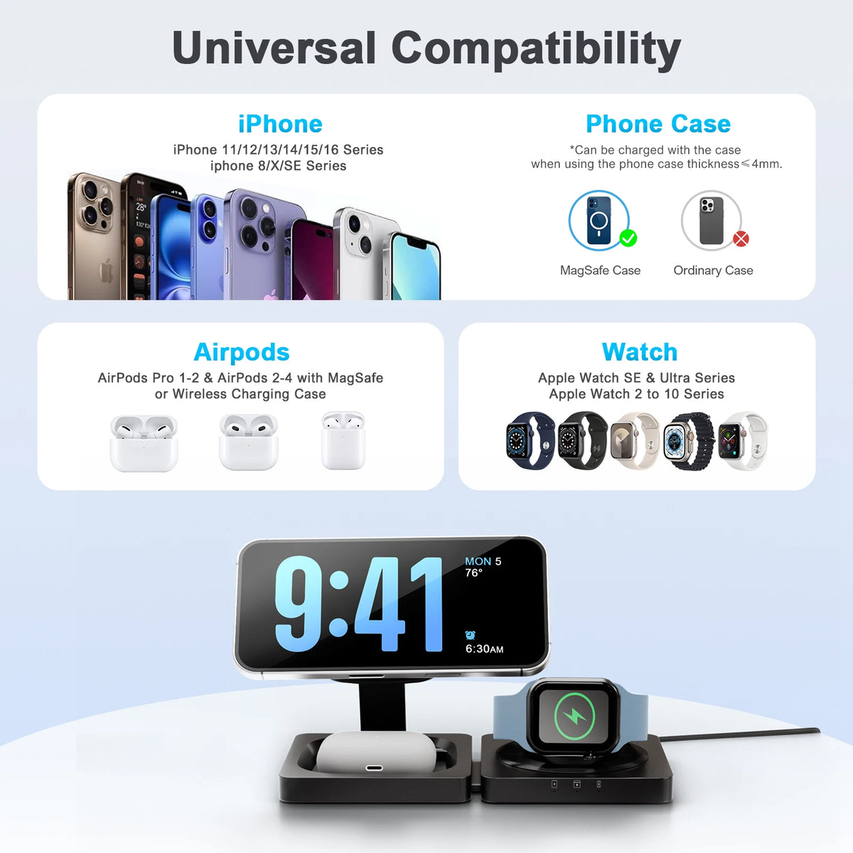 Magnetic Foldable 3-in-1 Wireless Charger for Phone Watch Earbuds