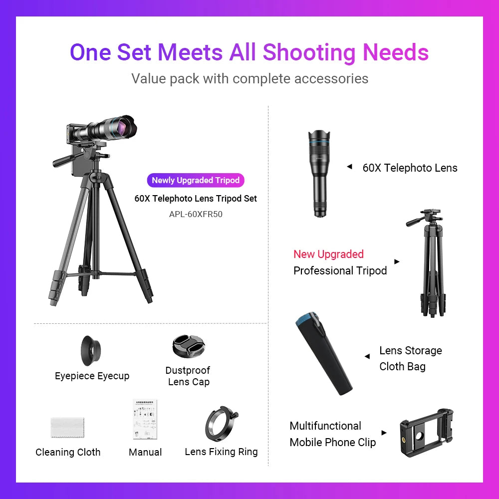 APEXEL 60X Mobile Phone Telescope Lens Astronomical Telephoto Zoom Lens With Extendable Tripod for iPhone 18/17/16 Samsung and All Smartphone