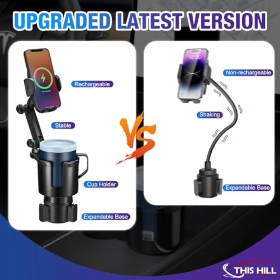 Cup Holder Phone Charger 15W Fast Charging Auto Clamping with Adjustable Base and 360 Rotation for All Smartphones in Car Cup H