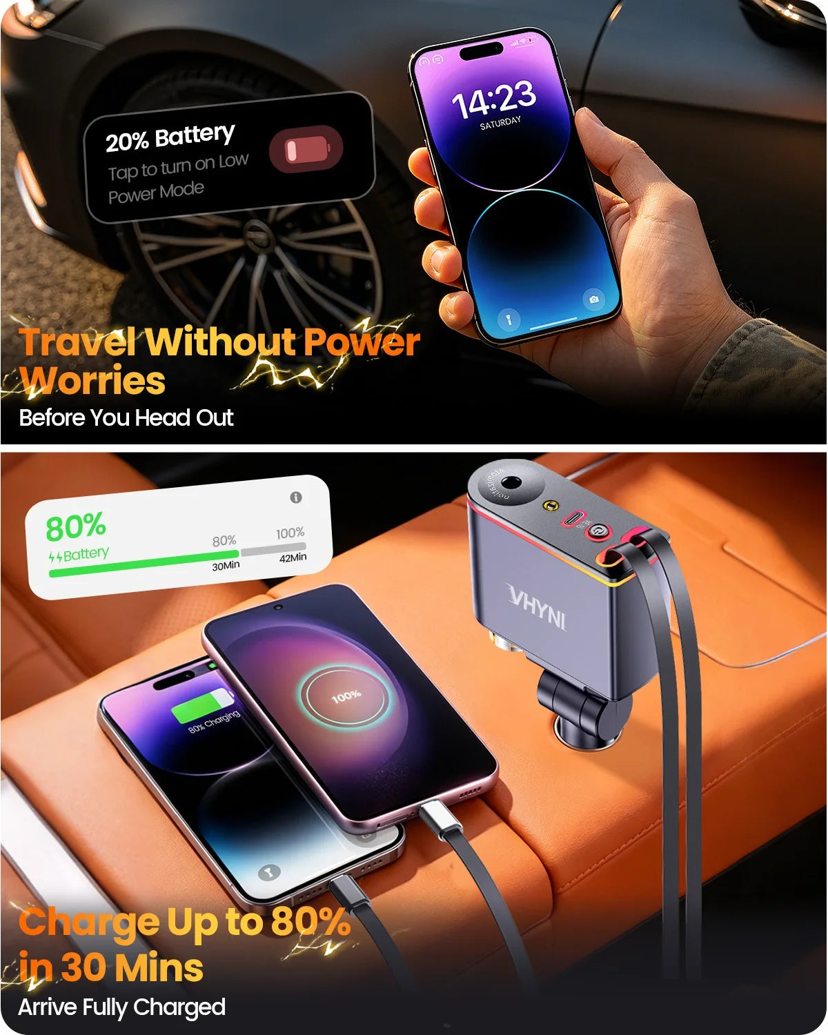 5-in-1 Retractable Car Charger USB C Fast Charge, 66W Car Phone Charger with Dual Retractable Cables, Smart Air Freshener Diffuser for iPhone、Samsung