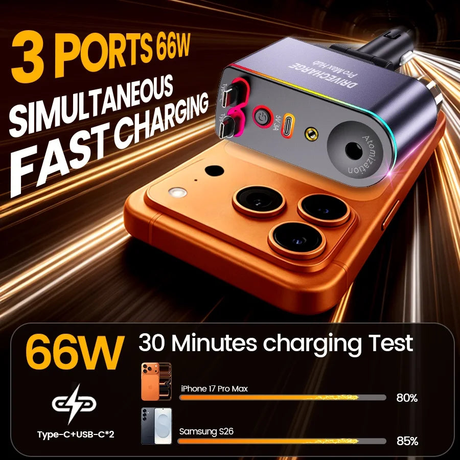 5-in-1 Retractable Car Charger USB C Fast Charge, 66W Car Phone Charger with Dual Retractable Cables, Smart Air Freshener Diffuser for iPhone、Samsung