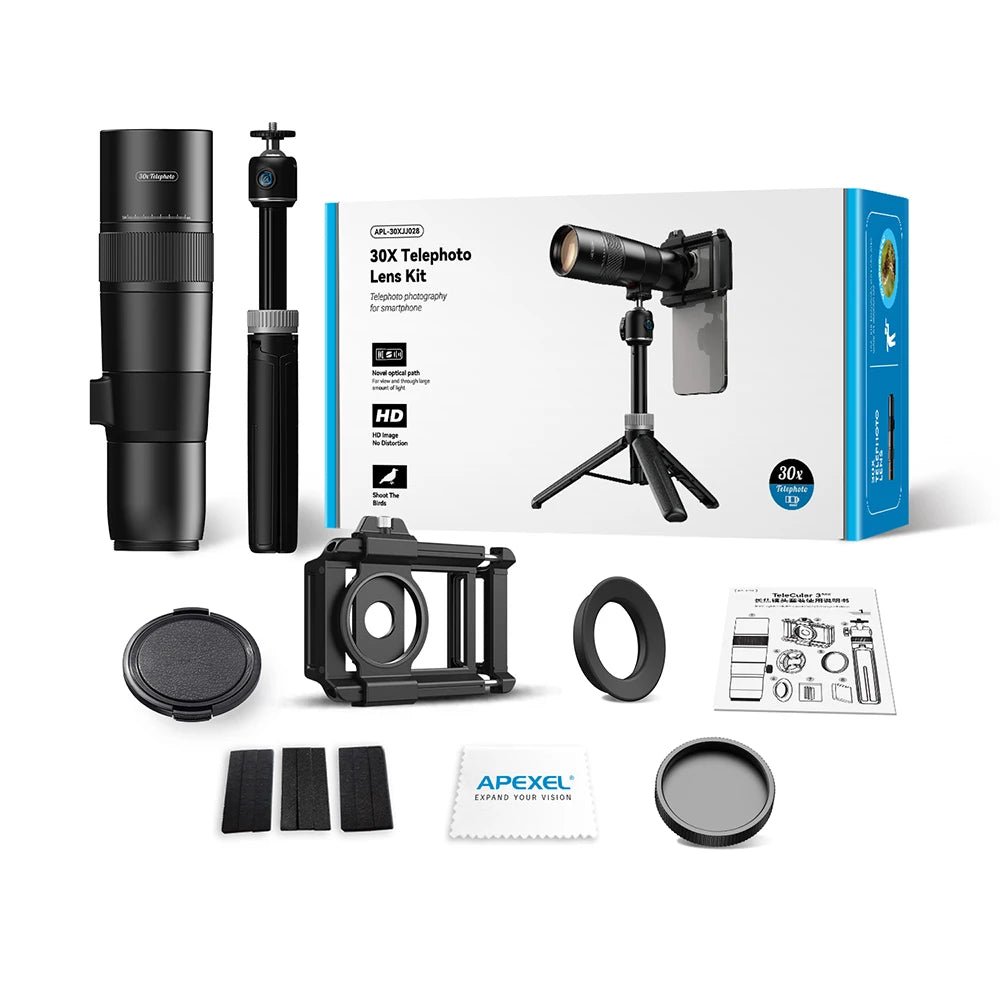 APEXEL HD 30X Telephoto Lens for iPhone, Samsung & Most Smartphones HD Telephoto Phone Lens with Adjustable Tripod and Universal Clip for Travel, Concerts, Birdwatching, Camping & Exploration
