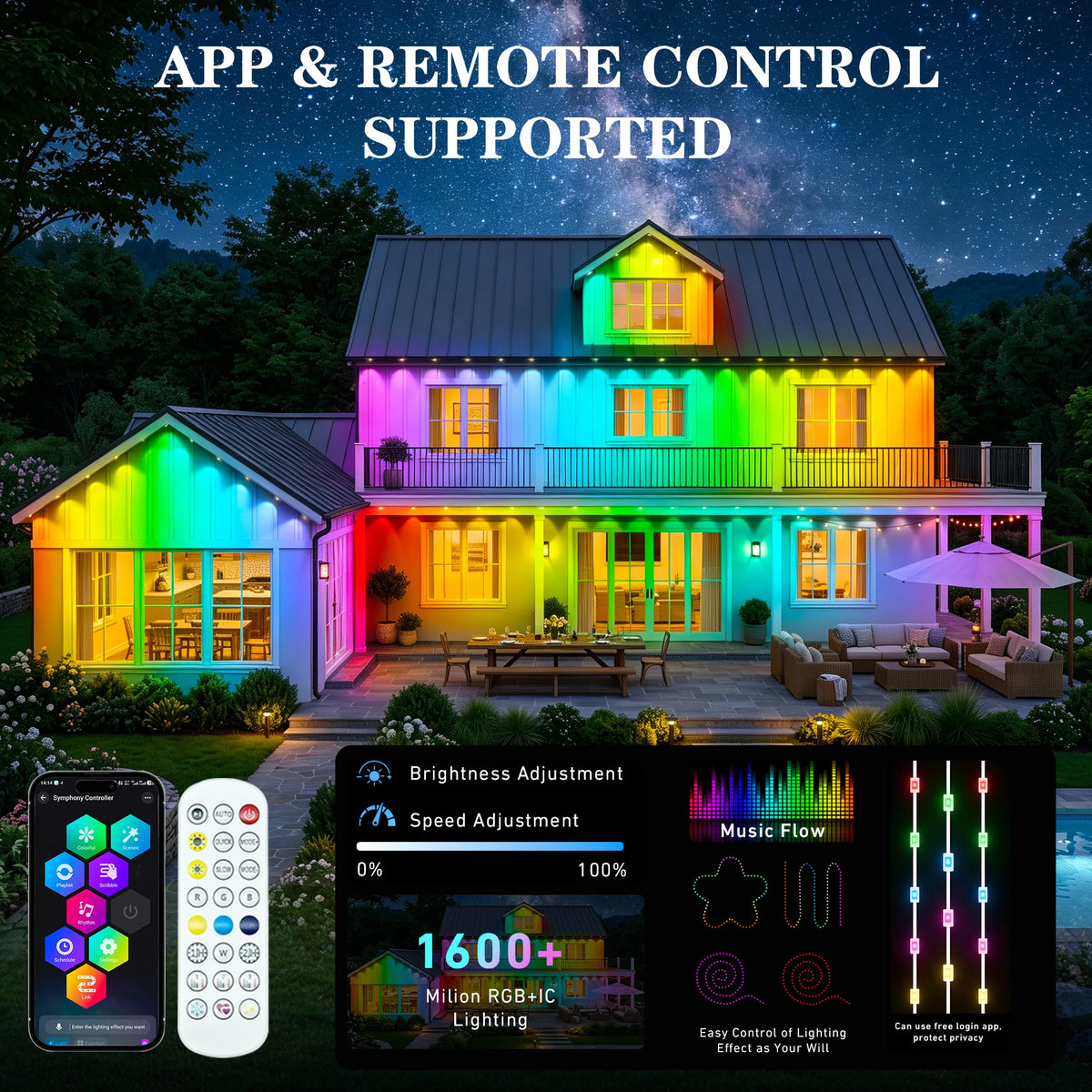 100FT Permanent RGB+IC Eave Lights, IP67 Waterproof Color Changing LED House Eave Lighting, Smart APP & Remote Control Music Sync Outdoor LED Roof Lights, Timable DIY Scene Lights for Holiday, Patio,