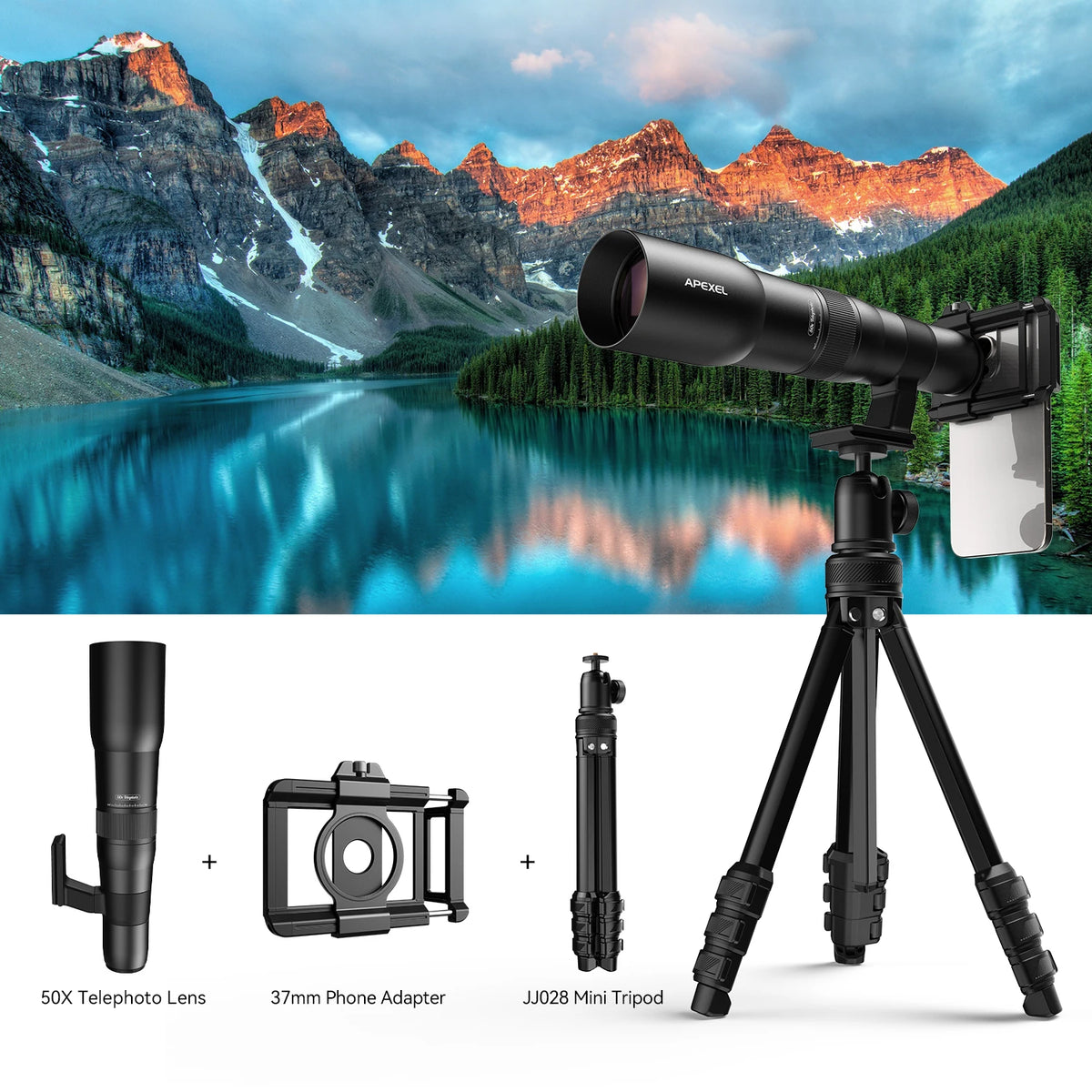 APEXEL HD 50X HD Ultra Telephoto Lens for iPhone and Most Smartphone, with Tripod & Universal Phone Clip, Suitable for Indoor and Outdoor Shooting and Watch Concert, Moon Viewing