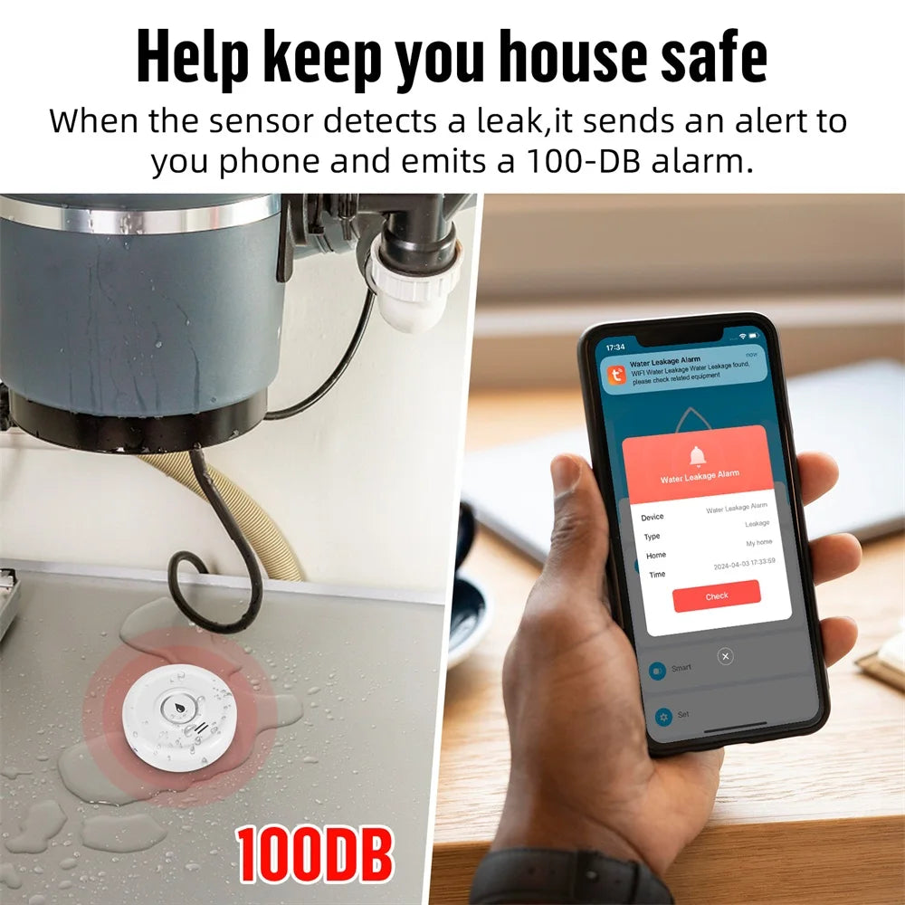 Tuya WiFi Water Leakage Alarm 100dB High Decibel Sound APP Remote Alert IP66 Waterproof Flood Leak Detector for Home Security