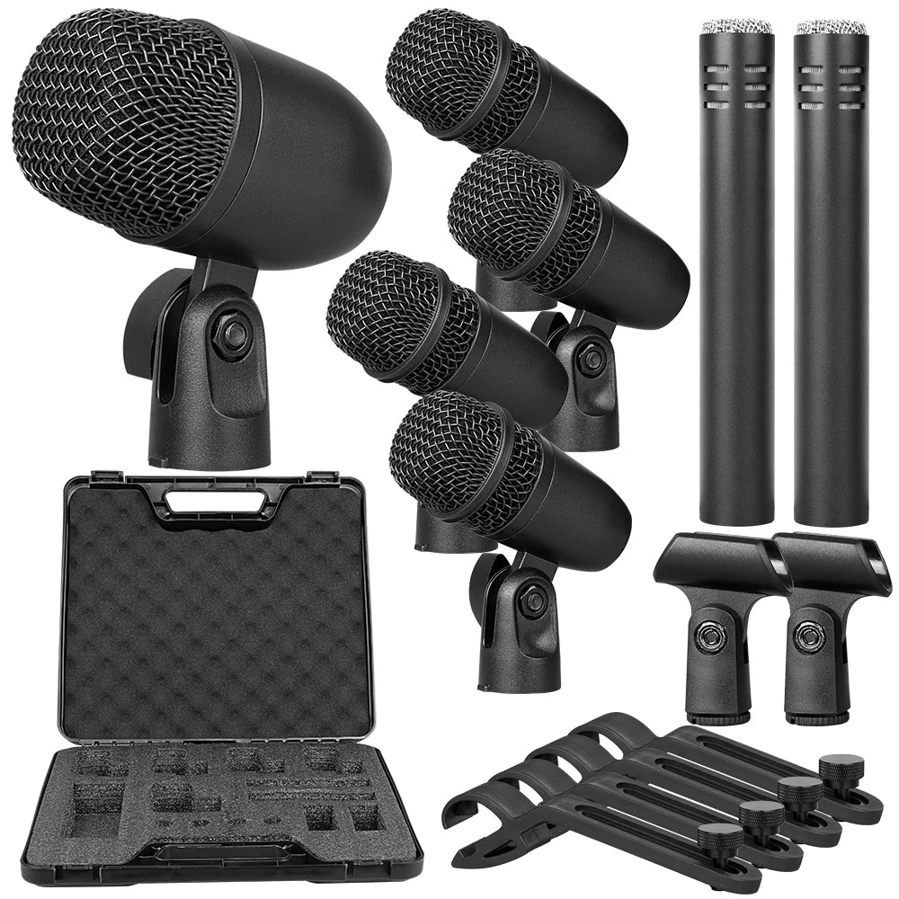 Dpusheng Wired Dynamic Drum Microphone Bass/Kick Instrument Tom/Snare Cymbals Mic Set for Studio Recording and Live Performa