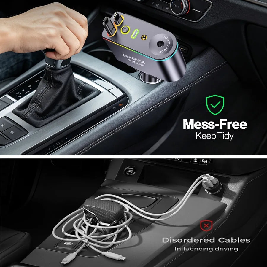 5-in-1 Retractable Car Charger USB C Fast Charge, 66W Car Phone Charger with Dual Retractable Cables, Smart Air Freshener Diffuser for iPhone、Samsung