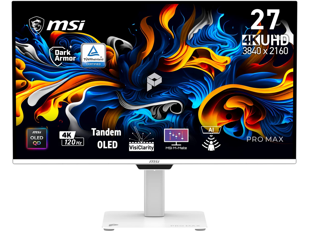 MSI PRO MAX 271UPXW12G 27" UHD 4K 120Hz Tandem OLED Monitor, FreeSync Premium Pro, 0.03ms, HDR400, USB-C, Speakers, White