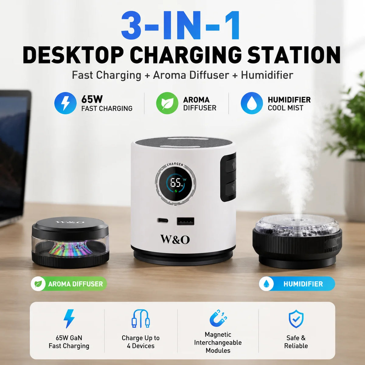 2026 New 3-in-1 65W GaN Fast Charging Station with Aromatherapy Diffuser & Humidifier, Retractable USB-C & Lightning Cables, Multi-Port Desktop Charger for Home & Office