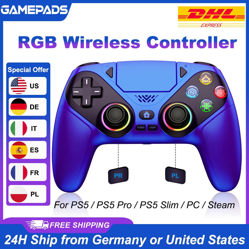 For Playstation 5 Controller RGB Wireless Gaming Controller Bluetooth Gamepad Controller PS5 With Macro/Turbo Dual Sense Vibrati