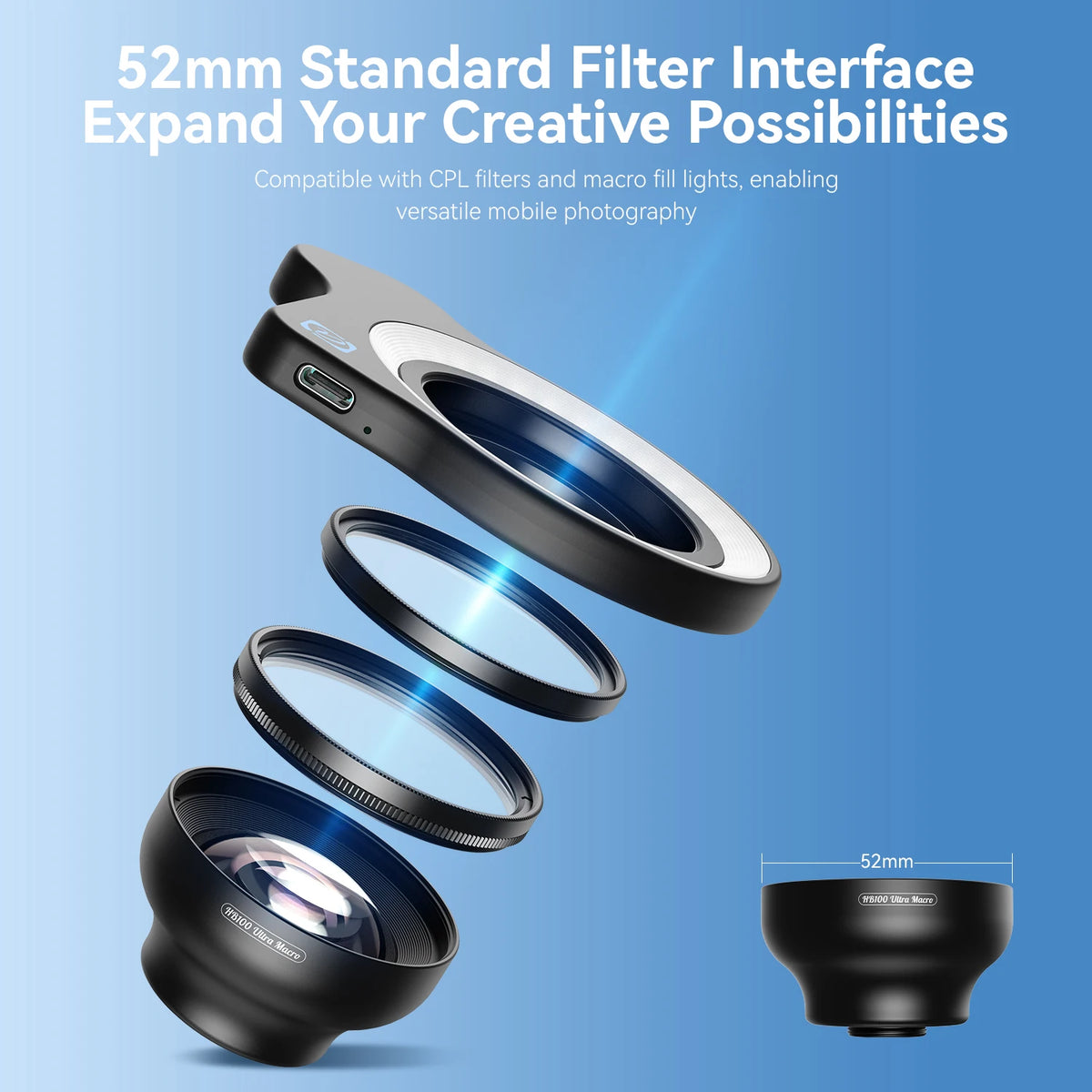 APEXEL Upgraded Professional HB100U Macro Len Macro Photography Lens for iPhone Samsung and All Smartphones, Aluminum Phone Camera Lens Kit with Universal Clip. Phone Lens Attachment