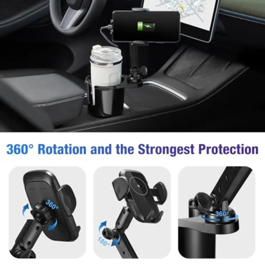 Cup Holder Phone Charger 15W Fast Charging Auto Clamping with Adjustable Base and 360 Rotation for All Smartphones in Car Cup H
