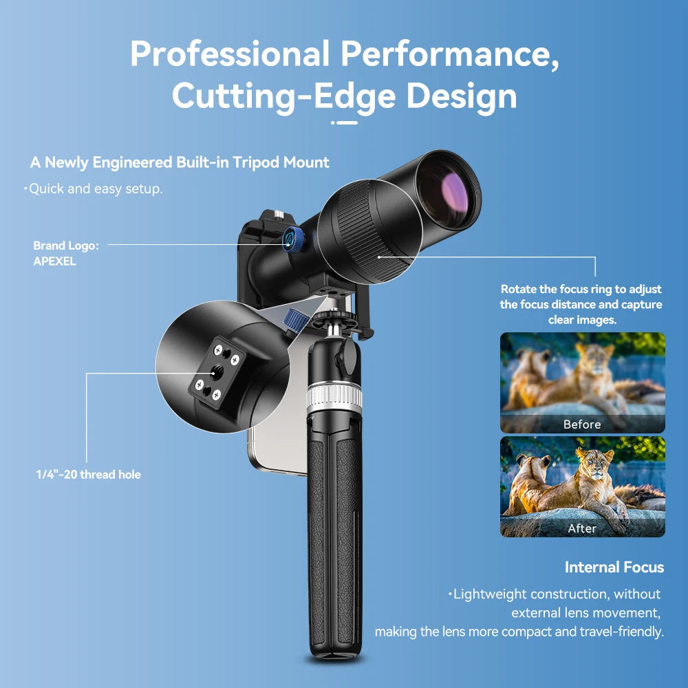 APEXEL HD 30X Telephoto Lens for iPhone, Samsung & Most Smartphones HD Telephoto Phone Lens with Adjustable Tripod and Universal Clip for Travel, Concerts, Birdwatching, Camping & Exploration