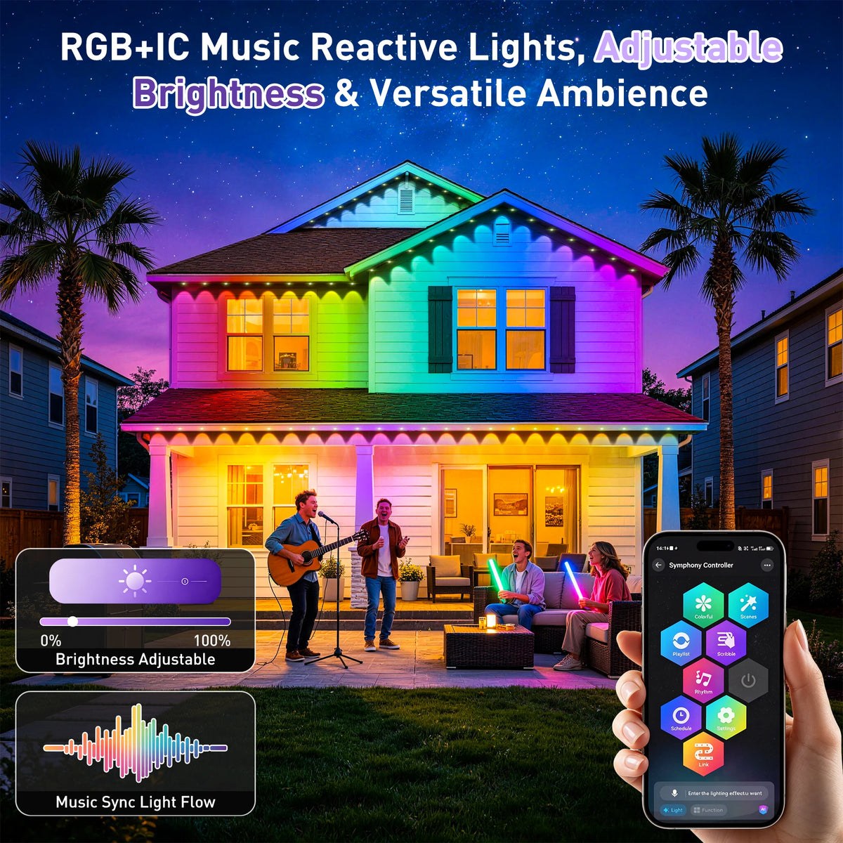 100FT Permanent RGB+IC Eave Lights, IP67 Waterproof Color Changing LED House Eave Lighting, Smart APP & Remote Control Music Sync Outdoor LED Roof Lights, Timable DIY Scene Lights for Holiday, Patio,