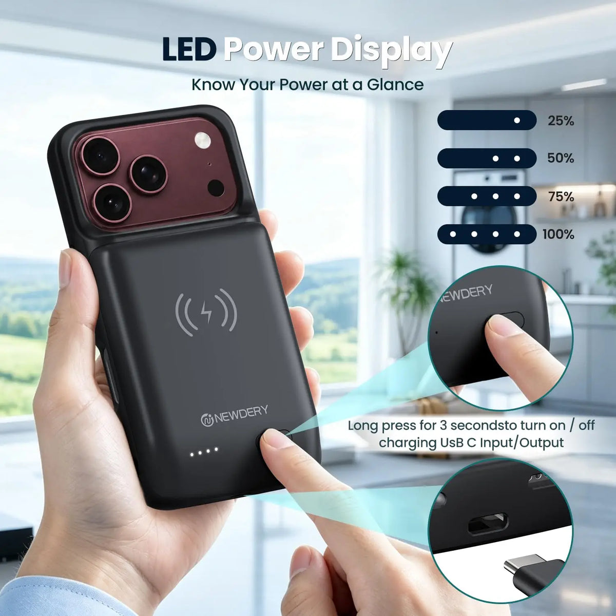 NEWDERY 10000mAh Battery Case For iPhone 17 Pro 18 Pro Max Wireless Charging Charger Case 20W Fast Recharging Power Bank Cover