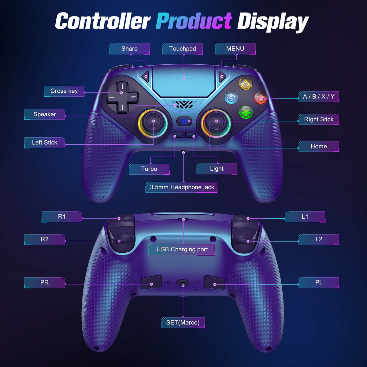 For Playstation 5 Controller RGB Wireless Gaming Controller Bluetooth Gamepad Controller PS5 With Macro/Turbo Dual Sense Vibrati
