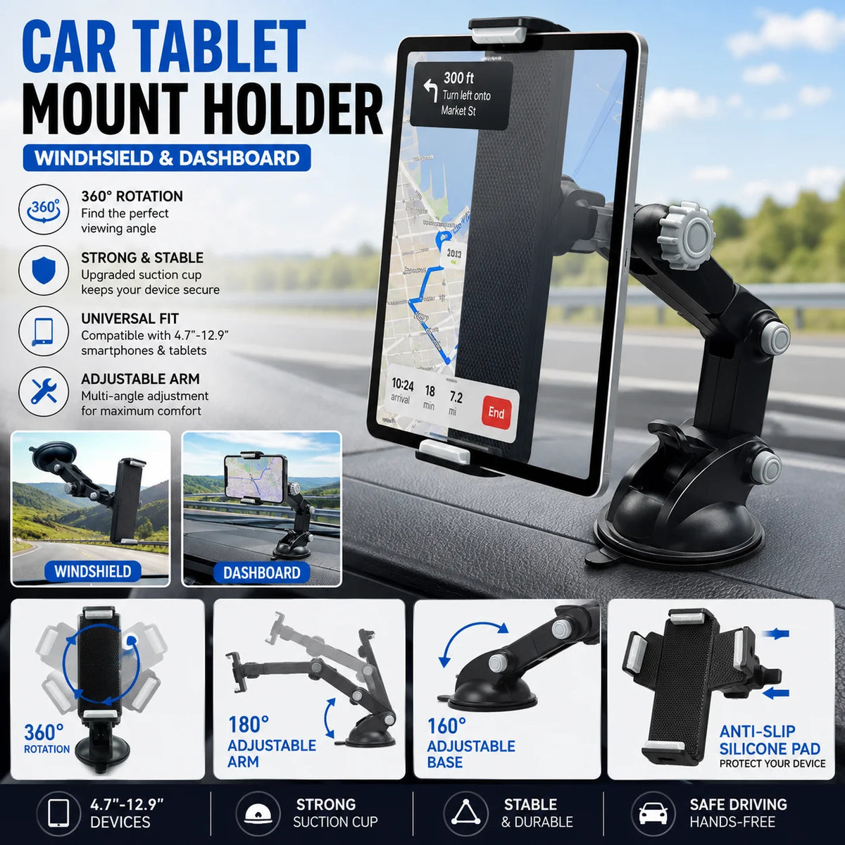 Universal Car Tablet Phone Mount Adjustable Suction Cup Windshield Dashboard Holder 360° Rotating Stand for Smartphone GPS
