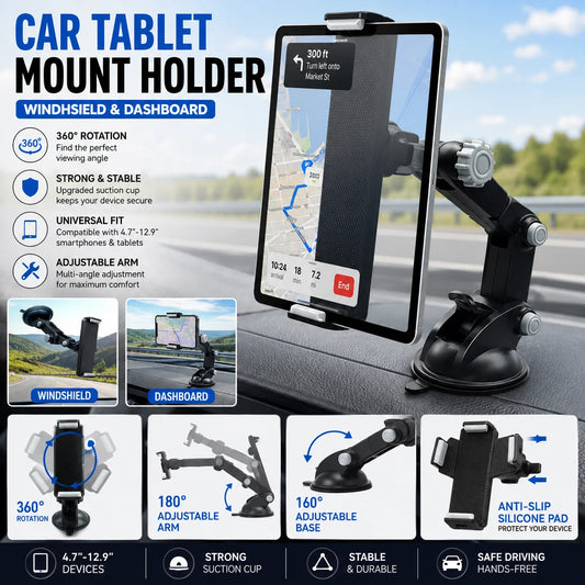 Universal Car Tablet Phone Mount Adjustable Suction Cup Windshield Dashboard Holder 360° Rotating Stand for Smartphone GPS