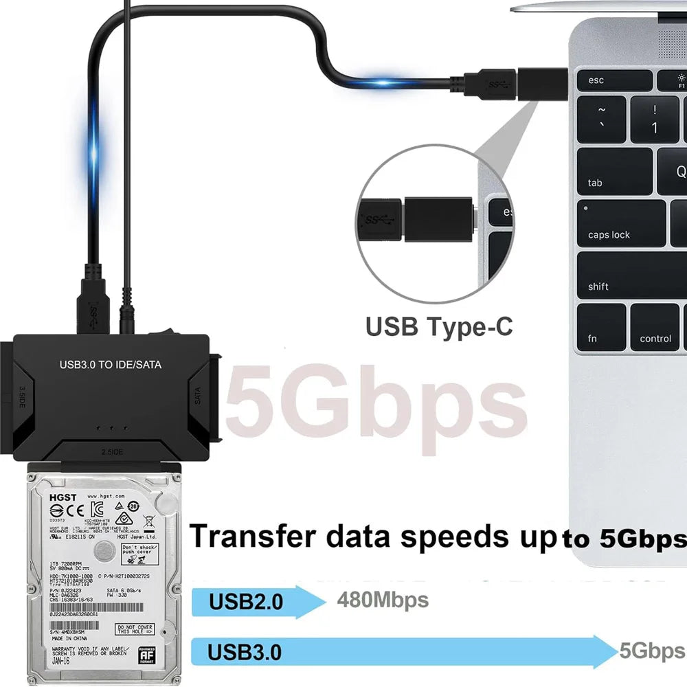 USB 3.0 IDE SATA Adapter For Hard Drive Data Transfer