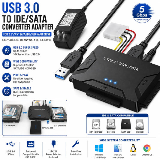 USB 3.0 IDE SATA Adapter For Hard Drive Data Transfer