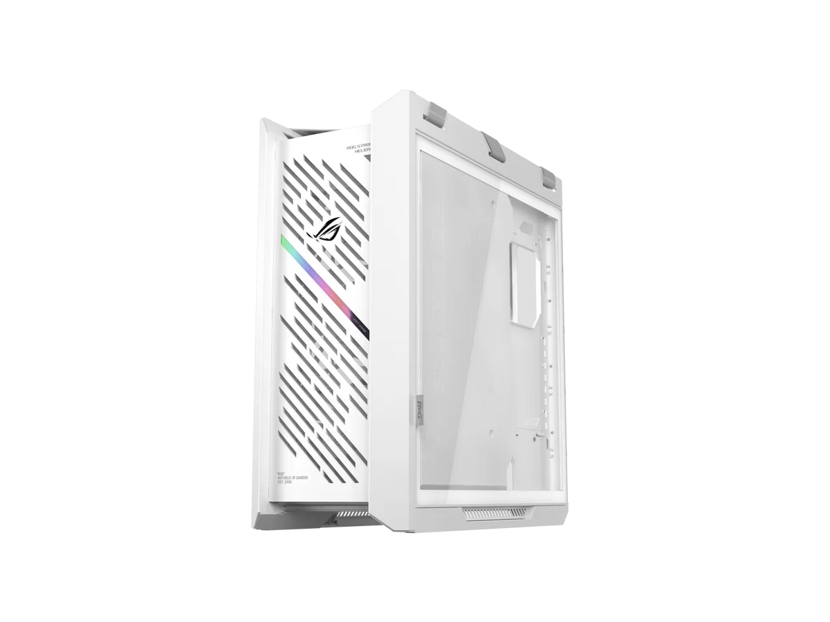 The ASUS ROG Strix Helios II White Edition is an EATX mid-tower gaming PC case featuring dual tempered glass panels and an aluminum diamond-grille design, four pre-installed fans for advanced cooling,