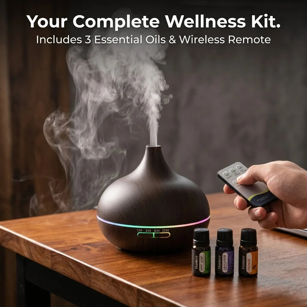 550ml sonic cooling mist humidifier with essential oil diffuser and smart sensor, automatic mode, suitable for bedrooms and offices, quiet operation, long battery life, easy top filling, 360° nozzle, night light, and pre-fil