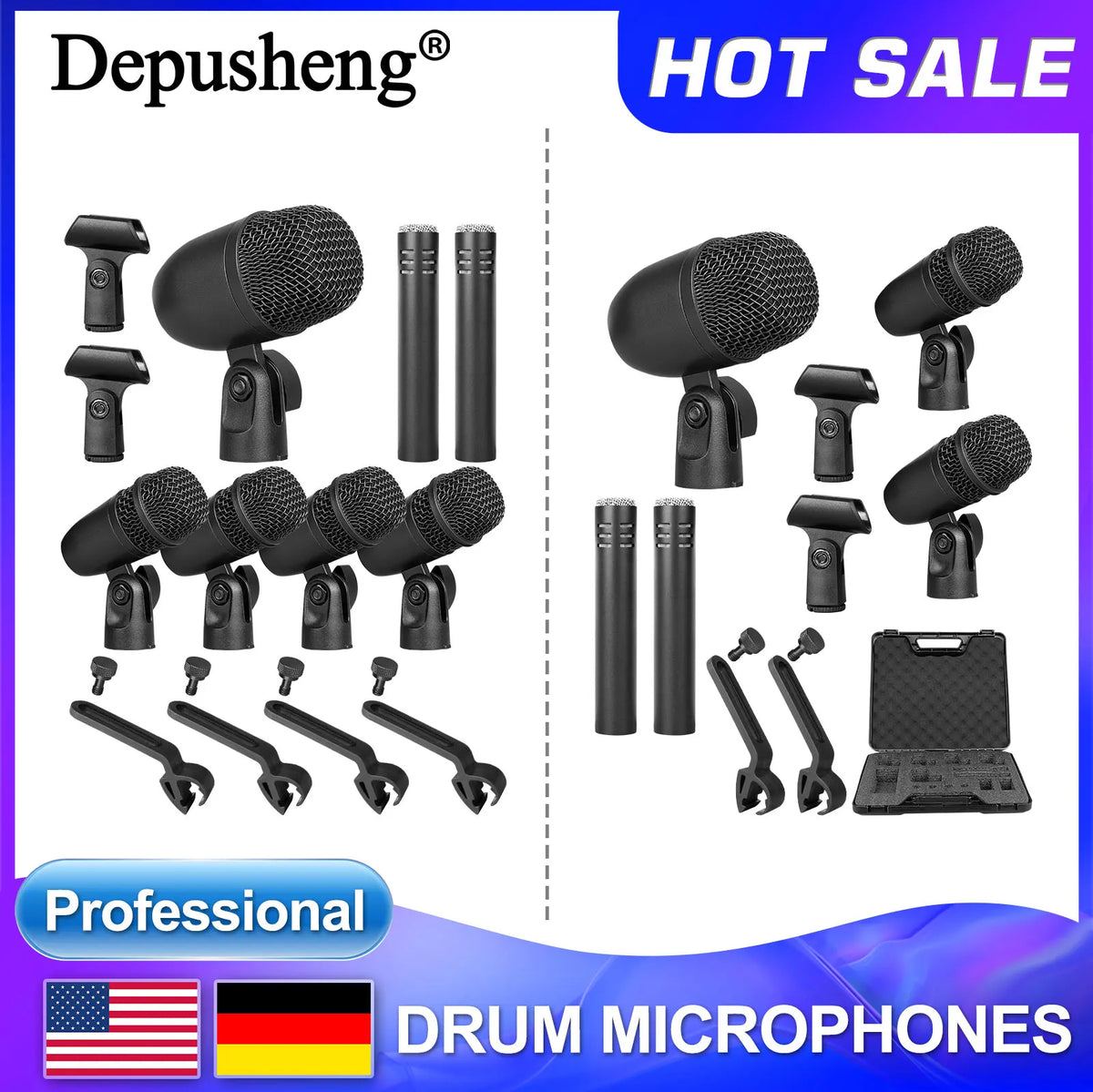Dpusheng Wired Dynamic Drum Microphone Bass/Kick Instrument Tom/Snare Cymbals Mic Set for Studio Recording and Live Performa