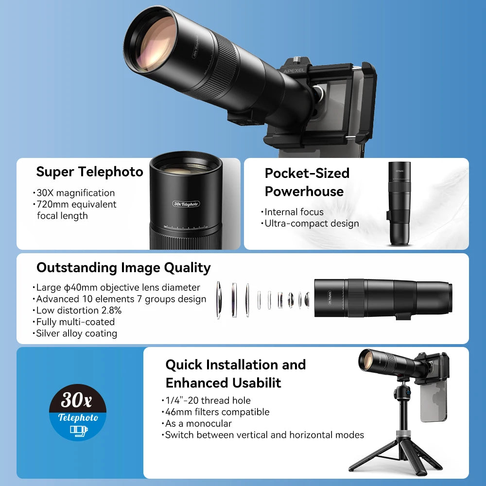 APEXEL HD 30X Telephoto Lens for iPhone, Samsung & Most Smartphones HD Telephoto Phone Lens with Adjustable Tripod and Universal Clip for Travel, Concerts, Birdwatching, Camping & Exploration