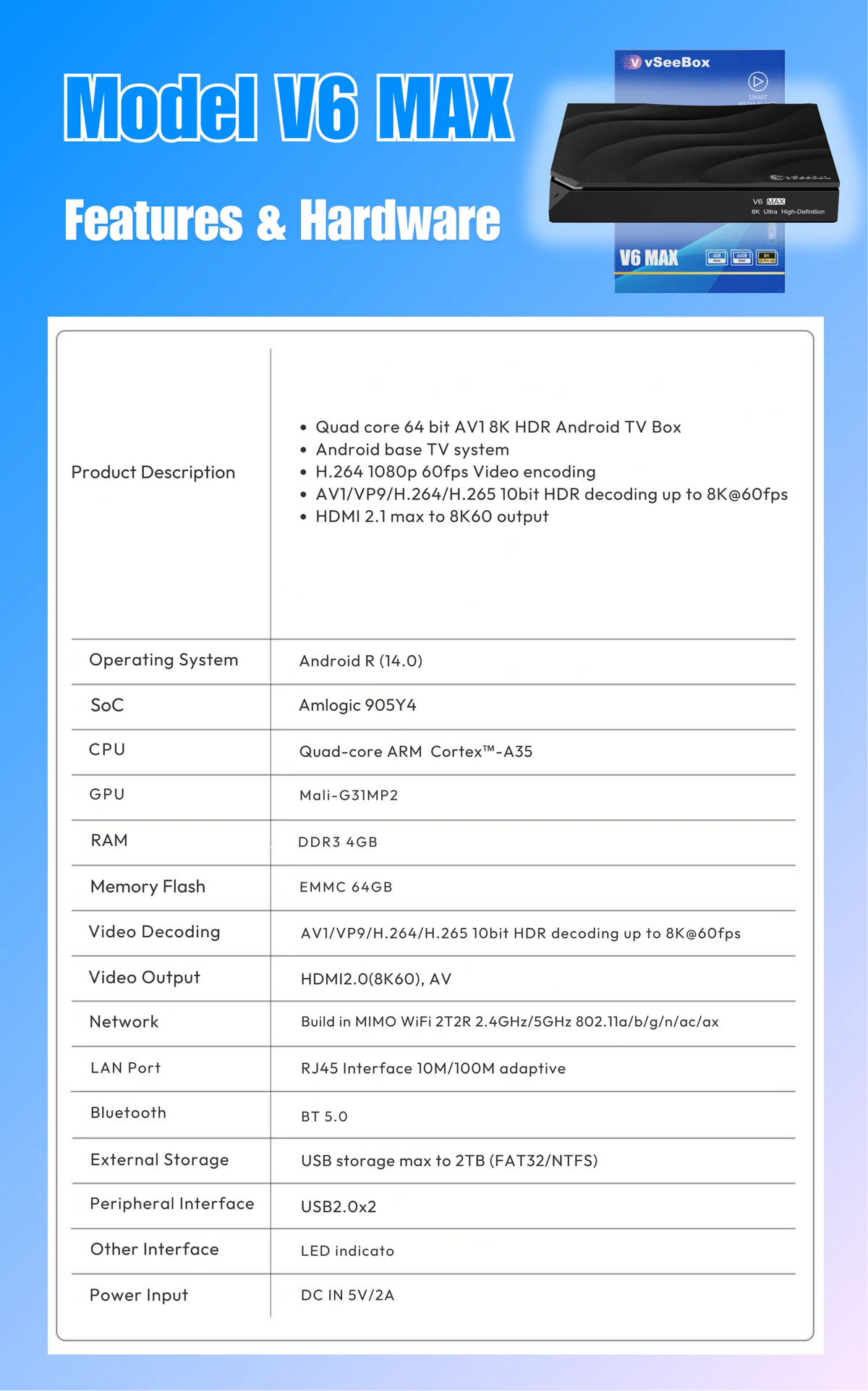 VSeeBox V6 Max Android Streaming Box With 8K Voice Control
