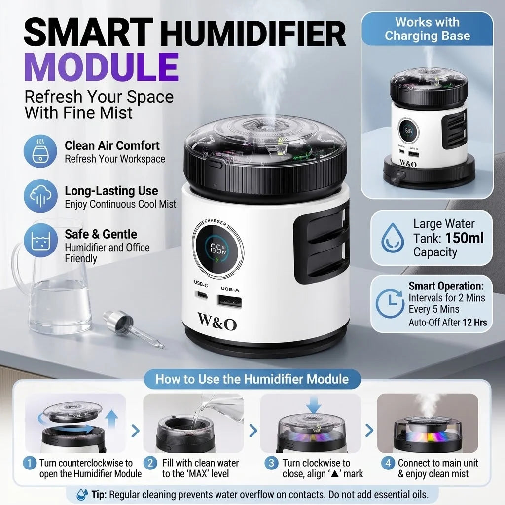 2026 New 3-in-1 65W GaN Fast Charging Station with Aromatherapy Diffuser & Humidifier, Retractable USB-C & Lightning Cables, Multi-Port Desktop Charger for Home & Office