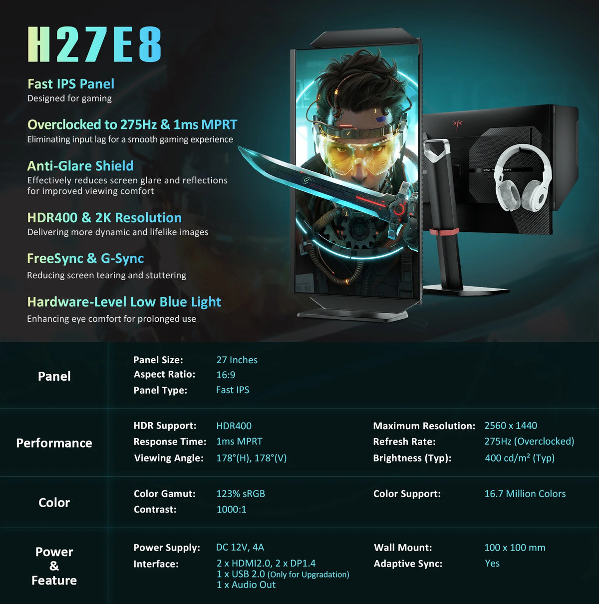 KTC H27E8 Gaming Monitor, 27-inch 2560×1440 Fast IPS Screen, 240Hz Refresh Rate & 275Hz OC, 1ms MPRT Response Time, HDR400, FreeSync & G-Sync Compatible, Low Blue Light & Flicker-Free, Adjustable Stand & 100x100mm VESA Mount