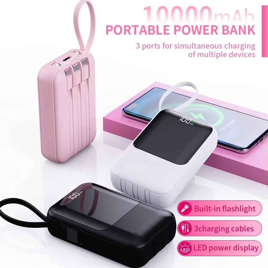 Portable Power Bank With Built In Cables And Wireless Charging