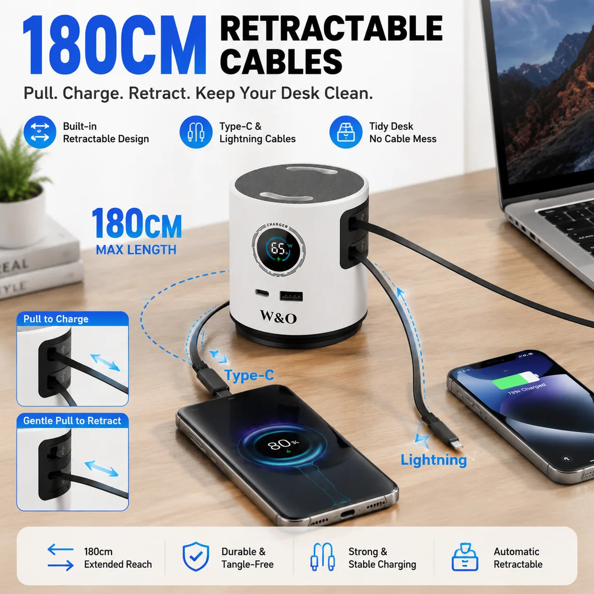 2026 New 3-in-1 65W GaN Fast Charging Station with Aromatherapy Diffuser & Humidifier, Retractable USB-C & Lightning Cables, Multi-Port Desktop Charger for Home & Office