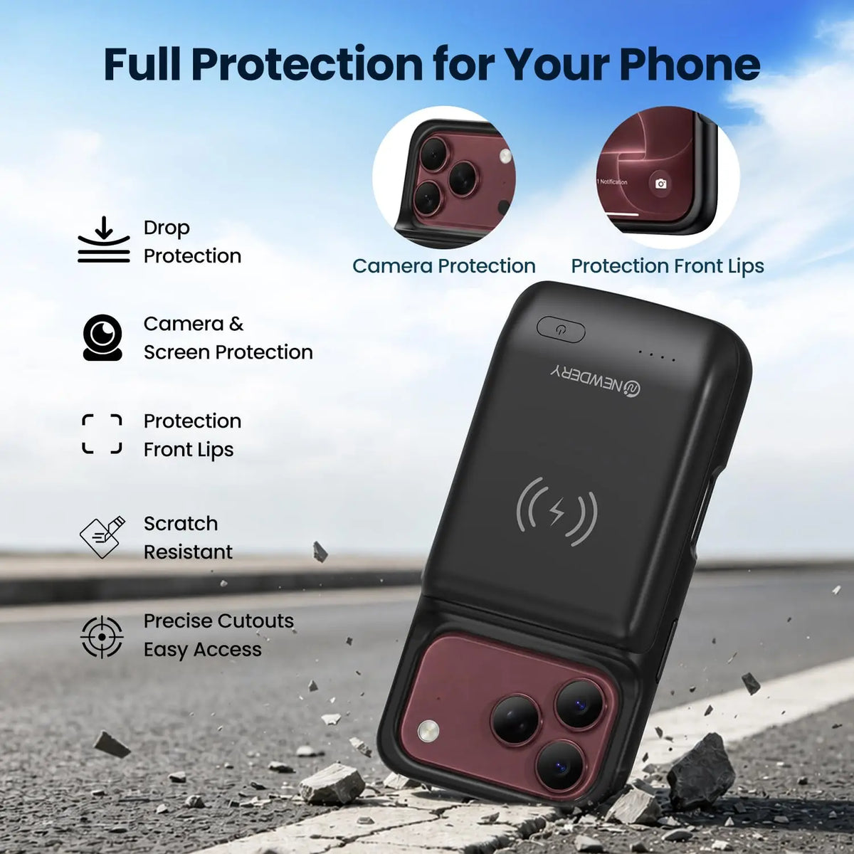 NEWDERY 10000mAh Battery Case For iPhone 17 Pro 18 Pro Max Wireless Charging Charger Case 20W Fast Recharging Power Bank Cover