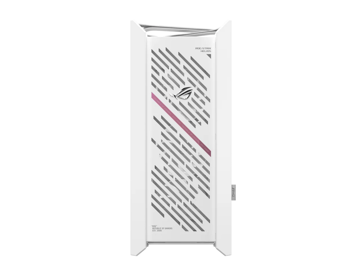 The ASUS ROG Strix Helios II White Edition is an EATX mid-tower gaming PC case featuring dual tempered glass panels and an aluminum diamond-grille design, four pre-installed fans for advanced cooling,