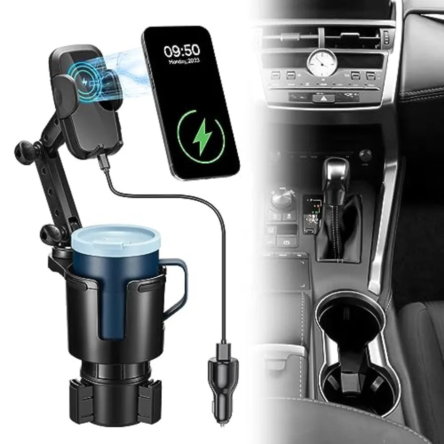 Cup Holder Phone Charger 15W Fast Charging Auto Clamping with Adjustable Base and 360 Rotation for All Smartphones in Car Cup H